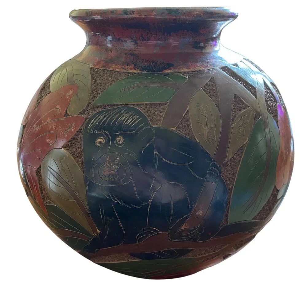 Costa Rican rain forest themed vase plant pot large monkey birds flowers Irma ro